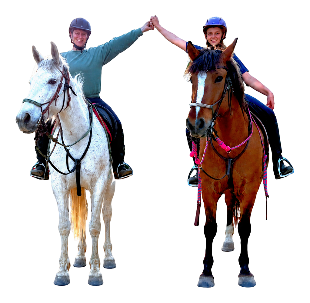 UMA students Mia and Jacque high-fiving on horseback